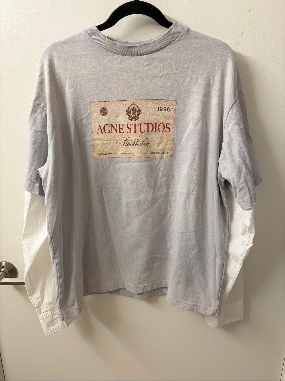 Acne Light Gray Long-Sleeve Layered-Look Tee with White Sleeve Detail